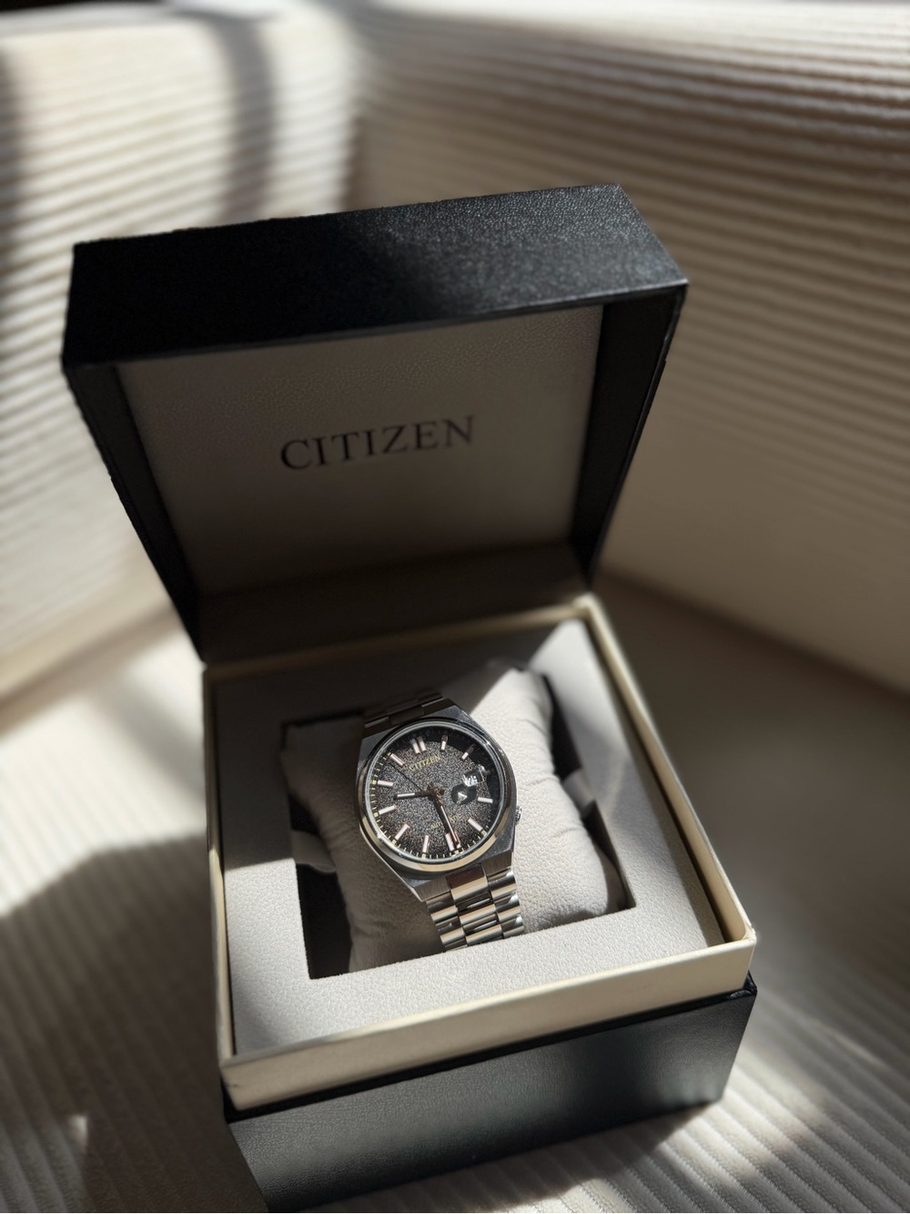 Citizen Silver Stainless Steel Men's Watch with Dark Textured Dial